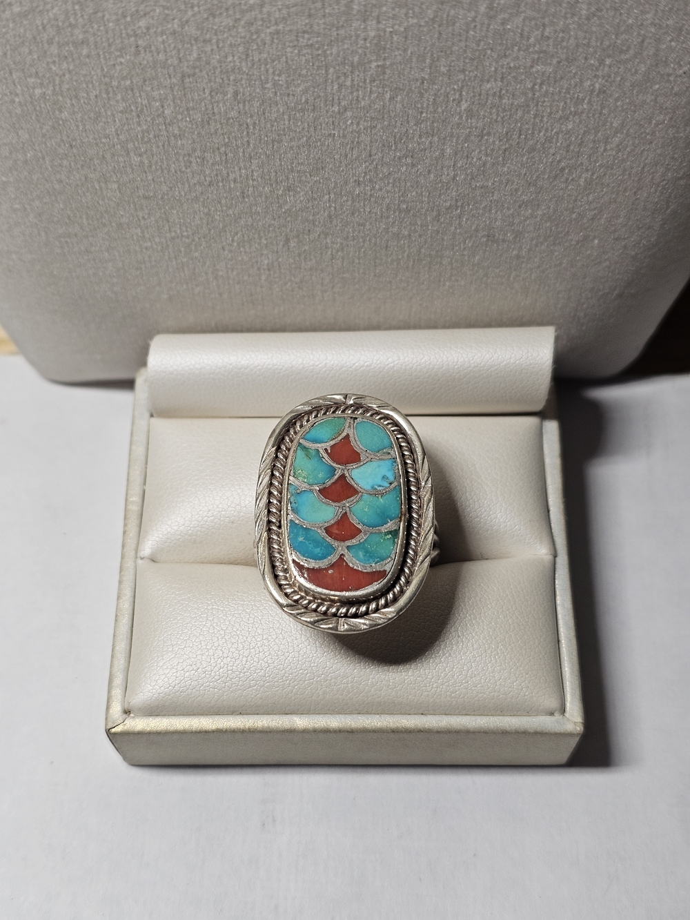 Sterling Silver Turquoise & Coral Inlay Statement Ring Size 9¼